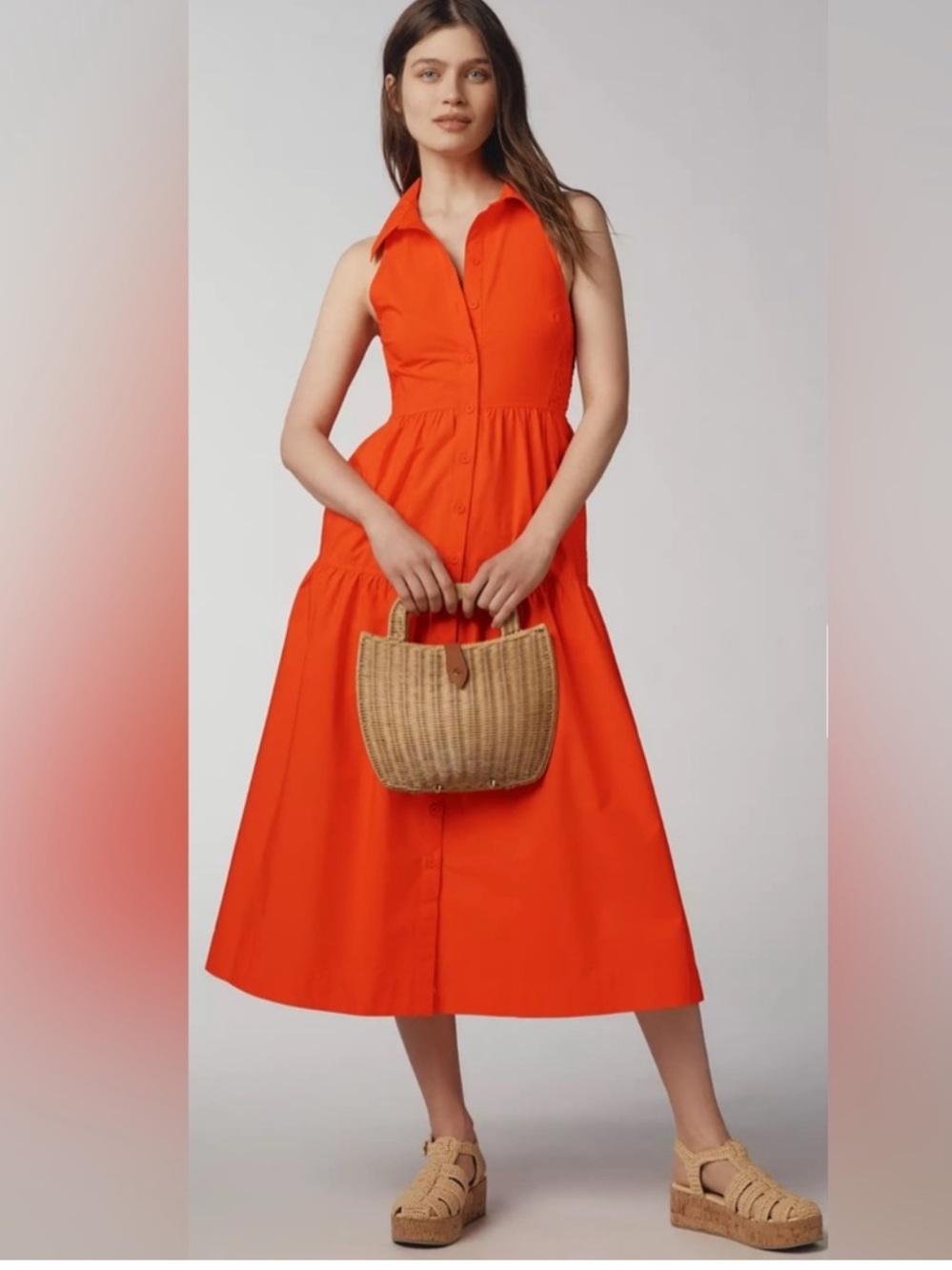Anthropologie Maeve Sleeveless Cotton Tiered Midi Orange Shirt Dress, Size 2